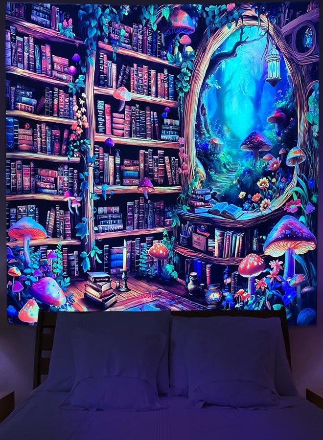 Lahasbja Blacklight Bookshelf Tapestry UV Reactive Magical Library Wall Hanging Fantasy Fairy Mushroom Forest Wall Tapestries Aesthetic Plants Bookcase Background for Bedroom - Image 3